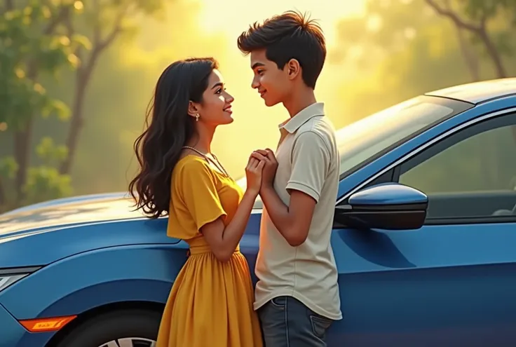 A beautiful Sri Lankan girl wearing a yellow dress is holding hands with a Sri Lankan boy by the side of a blue Honda Civic car.