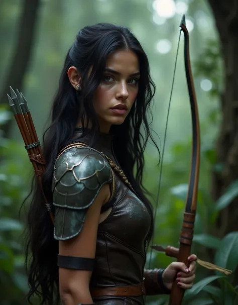 Beautiful sexy amazon hunter with bow and arrow in the woods, long black hair, light fair complexion skin, hazel brown eyes, symmetrical features, angelic features, facing camera, proportion face features, proportion body, proportion limbs, proportion fing...