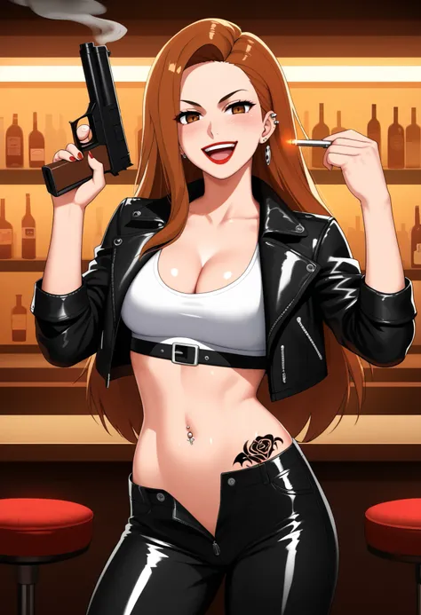 rebecca(cs), ear piercing, long hair, blush, lipstick,Hot girl, baddie, smoking, sensual, attractive ,,bar background, inside bar,indoors, masterpiece, best quality, highly detailed, a girls with a gun, evil smile , open mouth, sexy gaze, badass pose , evi...