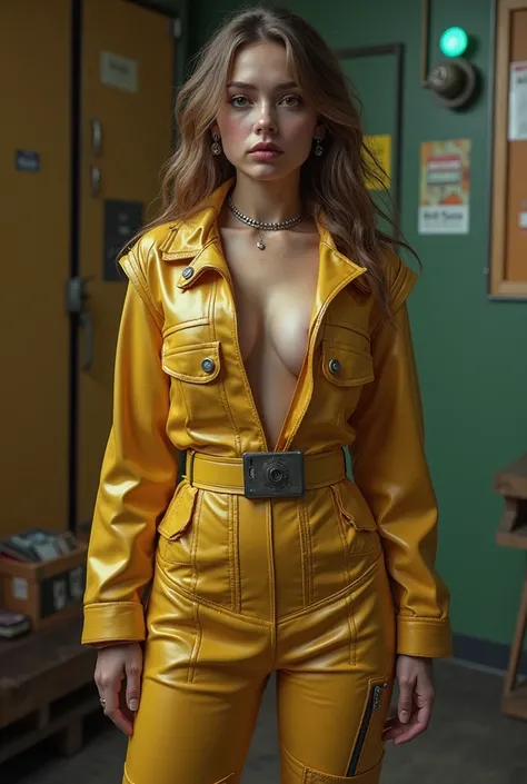 Ella Purnell and her vault suit too tight for her  - Ella Purnell struggling in a tight vault suit, seams straining, buttons popping, uncomfortable expression, comedic situation, exaggerated movements, cleavage bursting from seams, exposed through the rips...