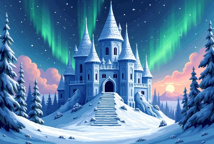 Create a vibrant, 8-bit style pixelated digital artwork depicting a fantastical, snow-covered castle under a stunning aurora borealis. The castle, with its intricate spires and towers, dominates the center of the image. It is constructed of icy blue and wh...