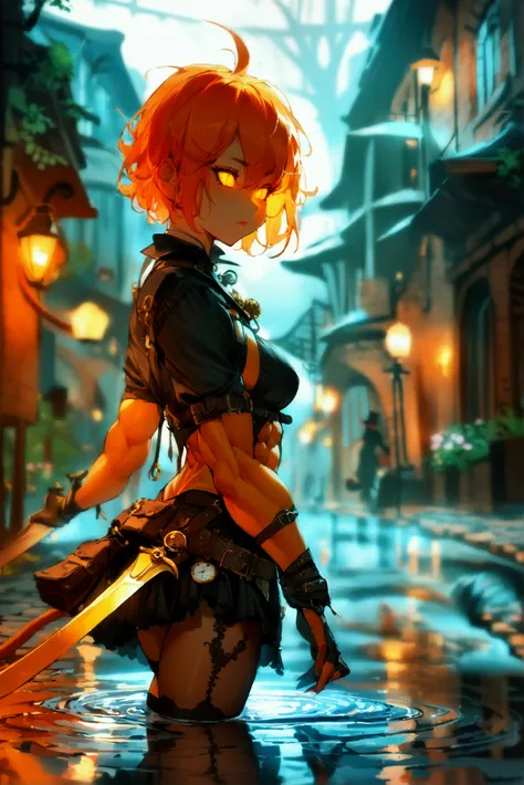 ((1girl, solo)), (orange skin), colored skin, masterpiece, best quality, glowing eyes, Smouldie, short hair, (tail:1.2), black robe, thighhighs outdoors, steampunk, fantasy, pavement, walking, puddle, reflection, muscular, abs, tall, blades, holstered blad...