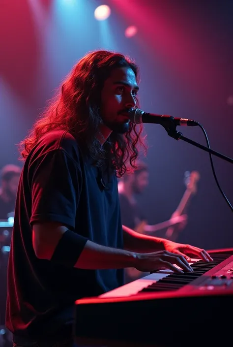 A 29 years Indian boy playing electric keyboard live performance with long wavy hairs standing realistic 