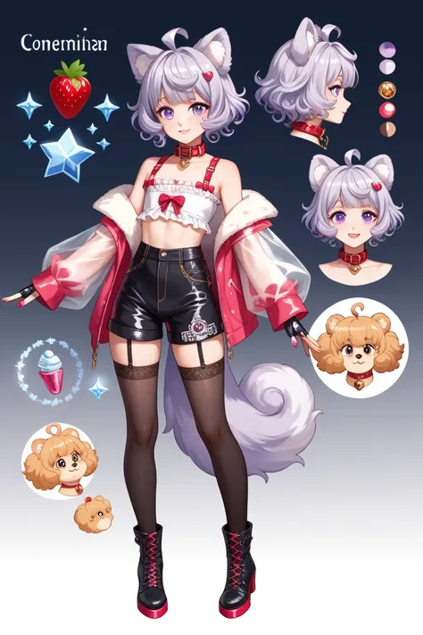 femboy, pomeranian dogboy, pomeranian dog ears, short curly hair, strawberry blond hair, purple eyes, dog collar, beauty marks, moles, freckles, masterpiece, best quality, character sheet, pomeranian tail, full body, fully clothed, male clothes, A blouse i...