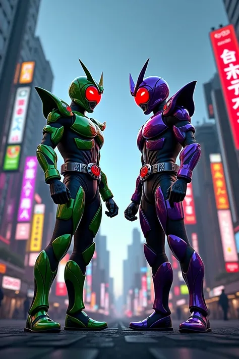 Kamen Rider W
The one on the right is green
The one on the left is dark purple
red eyes
Has a W driver belt
Located in Tokyo, Japan 
