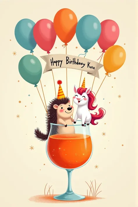 make me a cartoon birthday card starring a hedgehog, a unicorn and balloons. Glitter falls from the sky, and it all happens in a large glass of Aperol Spritz. In the background you can see a banner titled: happy birthday Kasia.