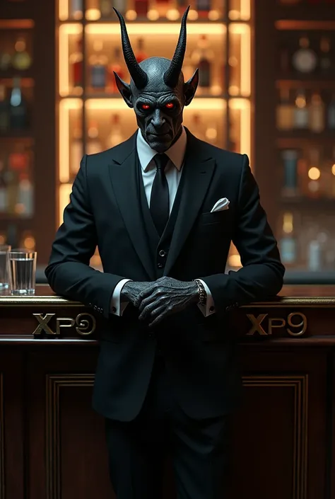  man with a devils head wearing a classy suit, Is standing in the bar at the counter .  The lettering XP9 is written on the counter 