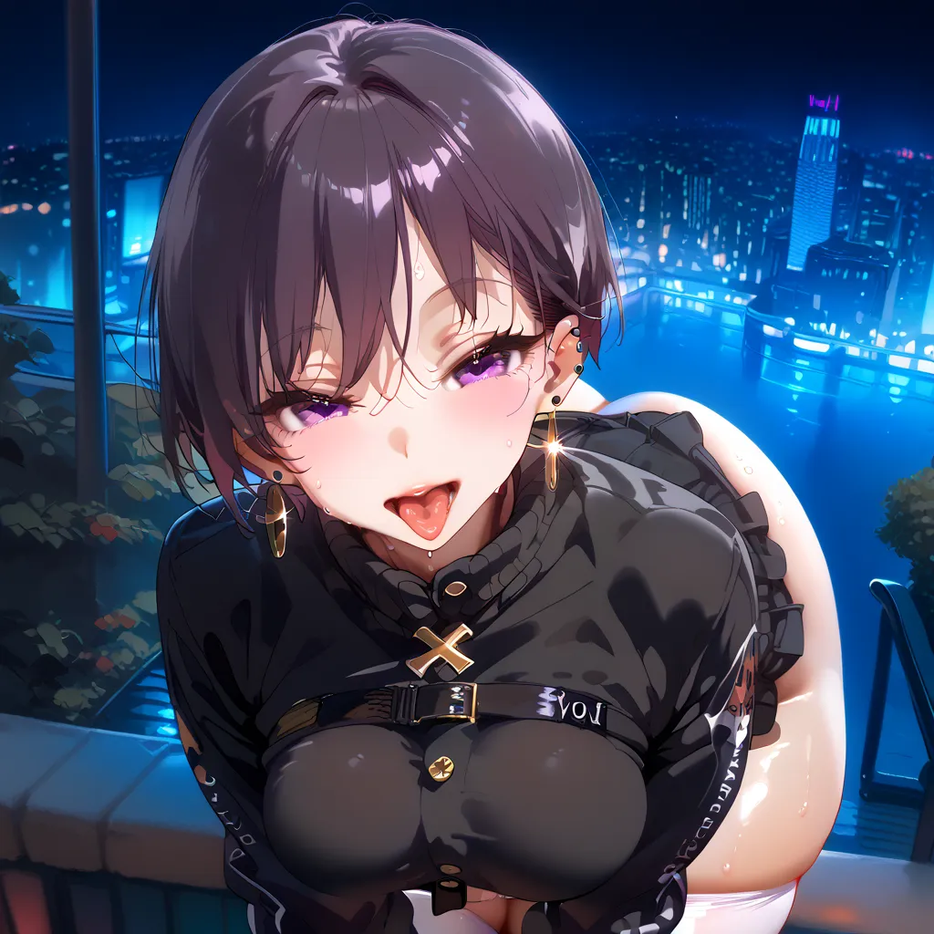 nsfw, perfectly face, 1 female, purple short undercut hair, skimpy outfit, black skirt, black long sleeve crop top, perfect face...