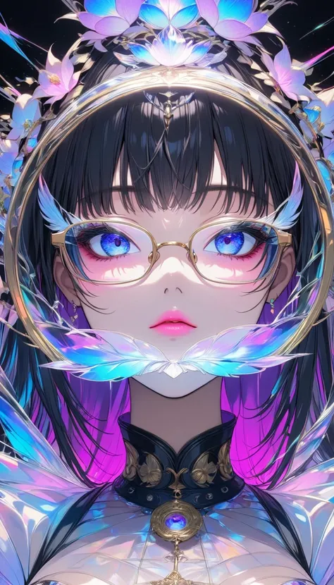 ((King Enma)) ((Hells Judge ))(Long black hair)、((Large women))(Big Breasts)、(Glasses)(Long, narrow eyes)、Beauty、(( Background Hells Court ))(HD:1.2)、masterpiece、 best quality、 super detailed、 Sharp Focus、 high definition 、Ultra HD、Super HD、 hyperreal 、Tra...