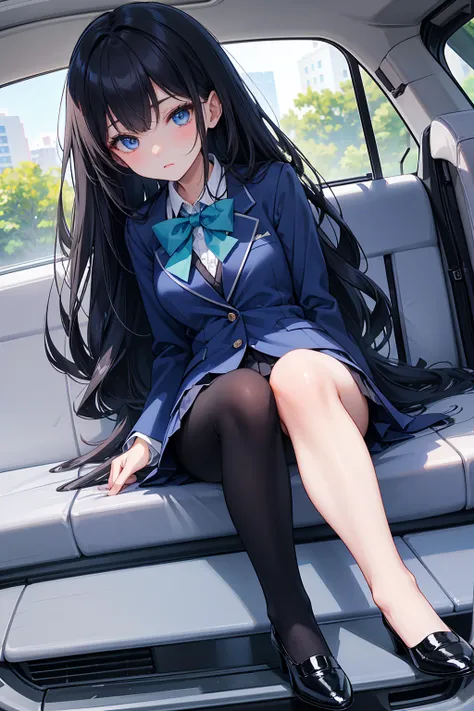 high school student ， Has long, dark hair ， with warm blue eyes ， Wore a fresh blue suit and black heels ， pure white collar and bright green bow 。 has long dark hair and warm blue eyes ， sitting in a car seat ， spread legs