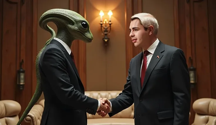 they, as a political leader , , shaking hands with an alien with a human appearance and lizard features.,  both dressed in elegant business suits . The scene takes place in an environment of high power and sophistication ,  with a modern design that reflec...