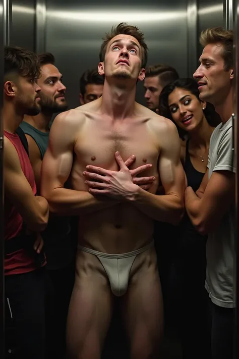 a fully naked man shocked to wake up in an elevator full of people and he is embarrassed (fully naked)