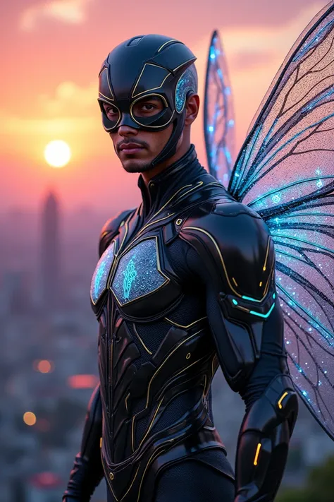 Create a **modern superhero design prompt** for a young, Indian male masked superhero inspired by a dragonfly. Heres the detailed idea:  

"A stunning, futuristic depiction of a young Indian male superhero, embodying the spirit of a dragonfly. He has an at...