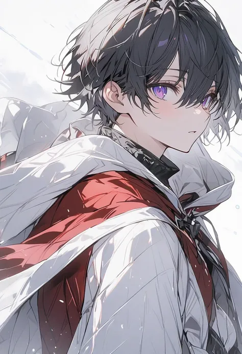 Alone, 1 male, black hair, purple Eyes,Short Hair, Long Sleeve , Santas clothes