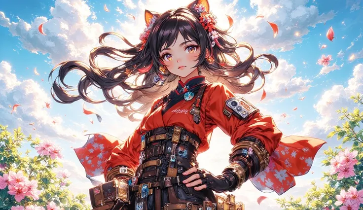 masterpiece, best quality, highly detailed, anime style, 16:9 aspect ratio

A dramatic scene of a girl standing against a powerful wind, her hair and clothes billowing dramatically. Cherry blossom petals and small wildflowers swirl around her in a spiral p...