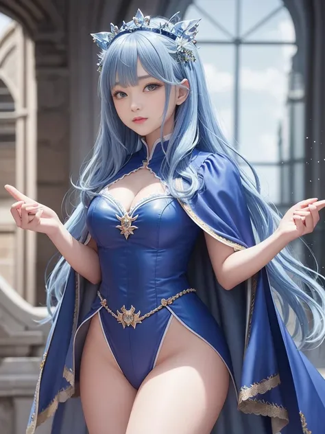 ( best quality)、masterpiece、 realism、 highlights are amazing、 Dracue３、Sage、Crown of Enlightenment 、 Blue Uniform、Princess、Woman in her 20s、 blue hair  、long layer bob、 cute、 perfect body、 cleavage、Cape、 chubby glowing thighs、 absolute domain 、Ripped Pantie...