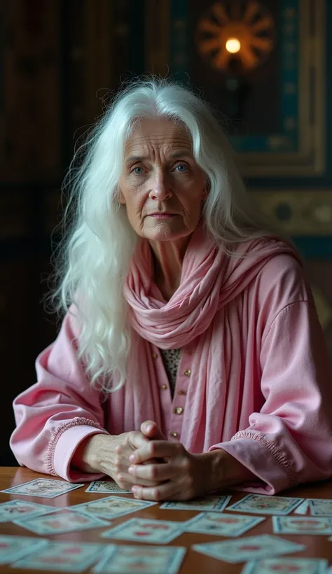 A cinematic photo of an middle age woman with wisdom and mystique reading Tarot cards kept on a table.she has long white hair , She looking to camera wear pink 
beautiful handcraft  clothes and blue eyes . she wear handcraft scarf partially on hair , she l...