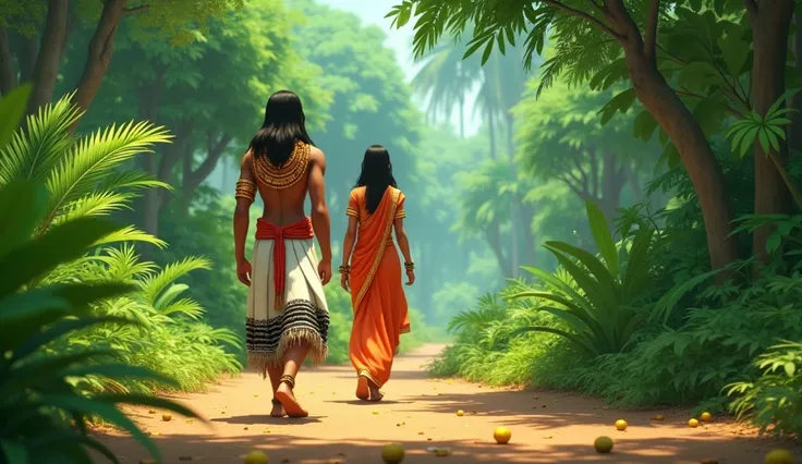 The image shows two people walking on a dirt path in a jungle-like environment. The person on the left is wearing a traditional Indian outfit with a white and black striped skirt and a red and gold necklace. The outfit appears to be made of feathers or fea...