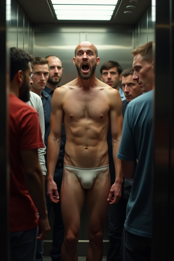 a man fully naked (no clothes no underwear no pants nor shirts he is fully naked) wakes up in an elevator feeling embarrassed full of people