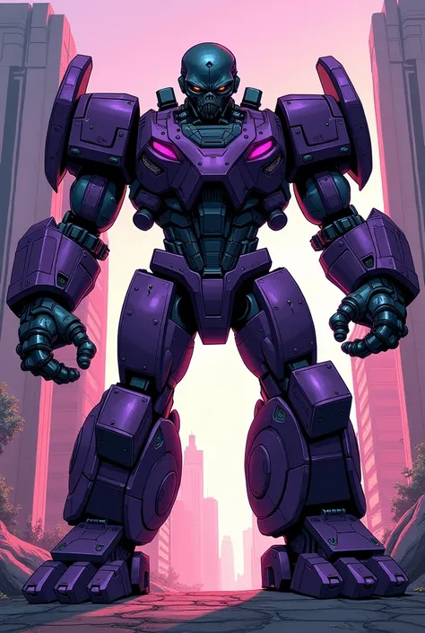 Four-armed, black and purple alien powerful, very large robot, comic style