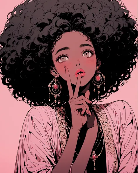 A black girl with a downwards afro with full lips and light make up on with a doing the peace sigh in a soft pink-gray background 