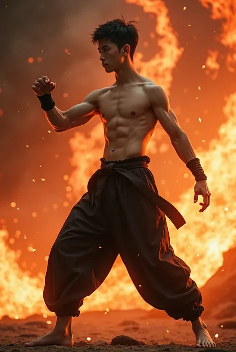 Masterpiece, UHD, 4k, realistic,  male, a young prominent martial artist, epic picture, masculine and muscular lean body, fighting pose, standing, full body until reach barefeets, handsome teen face, wearing black pants, short_hair, fire dragon background