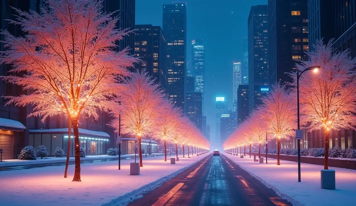 Street trees with beautiful illuminations are lined up　Snow Scene　Office district at night