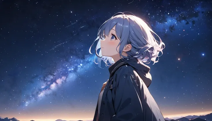  best quality,girl looking at the starry sky,cute, Emotional 