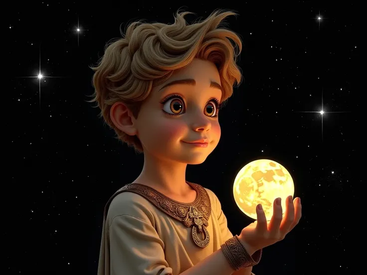  older boy with a handsome Scorpio in his hand， big eyes，，Ancient Greek style，The background is a black starry sky，There are Big Dippers，A handsome big Capricorn boy holding the moon in his hand 