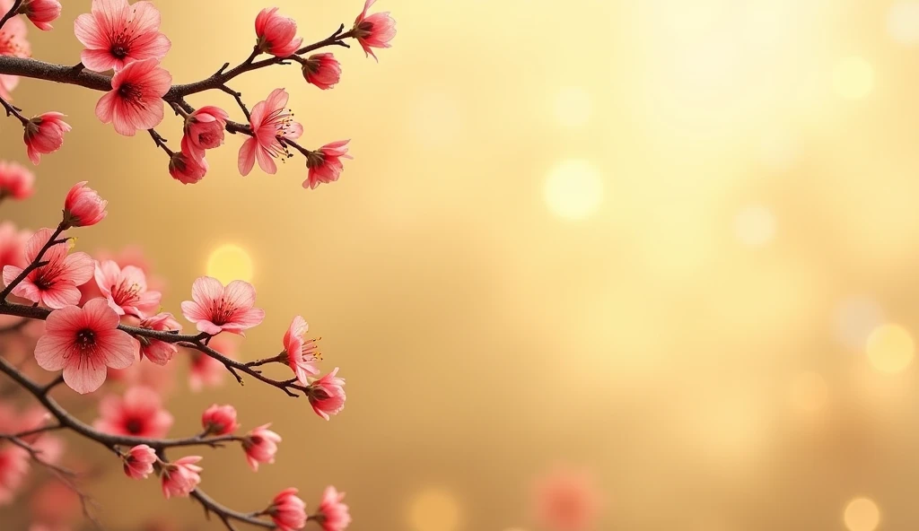 A branch of delicate red plum blossoms extends diagonally from the top left corner. The background is a gorgeous gold with soft metallic shimmer, leaving a large area for prominent copy at the bottom right.