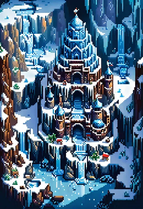 Ice Kingdom ,  pixel art ,  pixel art  style,  pixel art , Huge and majestic castle、