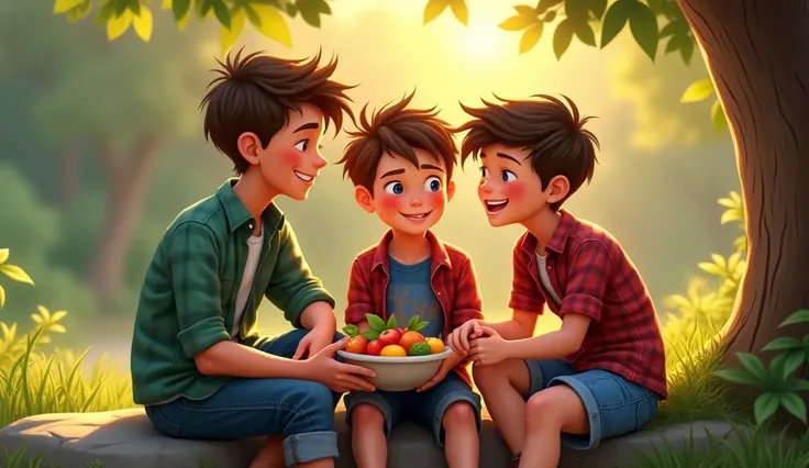 The three brothers The character is a young boy aged 13 to 14 with short, tousled brown hair, wearing a green plaid shirt and rolled-up jeans. He appears active, curious, and adventurous, The character is a young boy aged 10 to 12 with spiky brown hair, we...