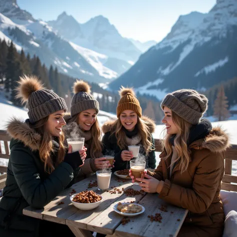 Professional photograph of a group of european women in the Alps, after-ski, drinking coffee, mountains, winter, snow, Midjourney_Whisper