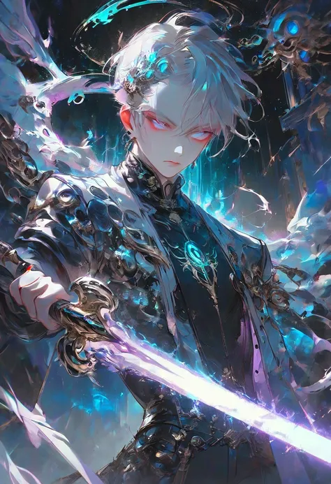 armed,weapon, holding weapon,stylish boy, beauty face, fantasy character, aura art, ethereal atomosphere,interface design, digital artwork, futuristic design, glow neon, glow button, inside futuristic rectangular frame, he fight with glowing sword, global ...