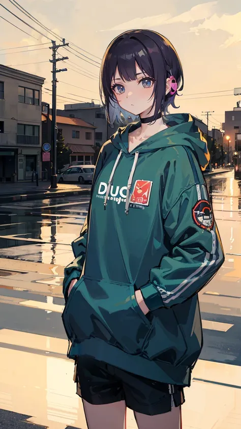  8k resolution、((top-quality))、((​masterpiece))、(( ultra-detailed))、1 female、solo、 incredible stupidity、 hoodie too big 、 headphones 、street、Outdoors、satin、neon、 shorthair、Light-colored eyes、 pocket、 shorts、Dripping Water