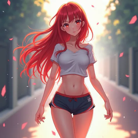 a beautiful woman, with red hair, white skin, a short shirt that shows her abdomen and sports shorts,walking towards the viewer, anime art.