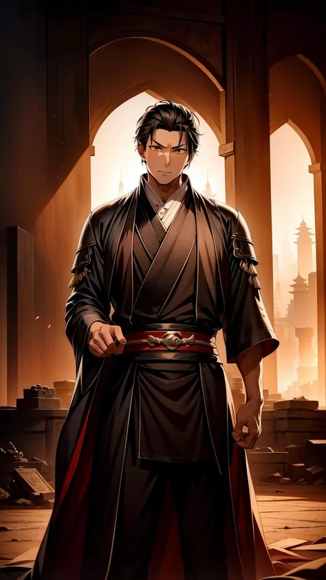 male，30 years old， black hair，Stuck in the back，ferocious，despair，Dragon robe，majesty，Royal Family，Ruined palace， Ancient China，The screen shows a lone emperor standing amidst the chaos of his fallen kingdom， ultra high resolution， super image quality ， ul...