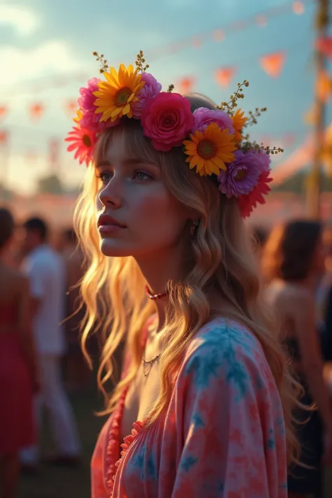 creates a dreamy, whimsical vibe, showcasing bohemian charm with tie-dye and a flower crown under gentle spotlighting, captivating the crowd.
