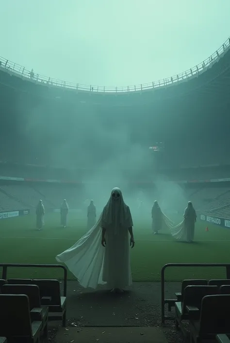 Ghosts floating with sad faces in a stadium 