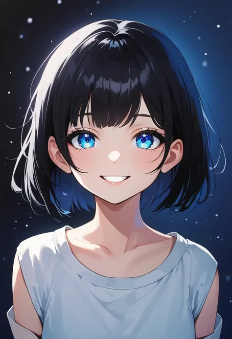 A beautiful girl with blue eyes and short black hair is smiling