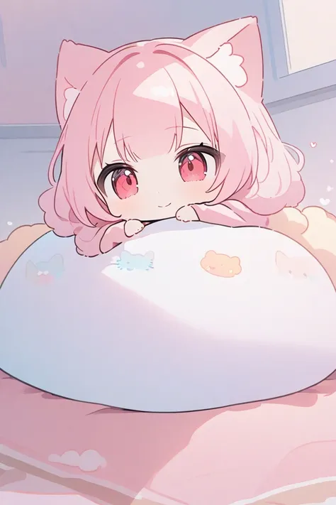 Top quality, masterpiece, high resolution, 8k, Alone,  pastel colors ,(chibi character: 1.3), pink hair, red eyes, animal ear girl, Sleep with a warm kotatsu ,smile, hug a fluffy pillow,目を閉じる