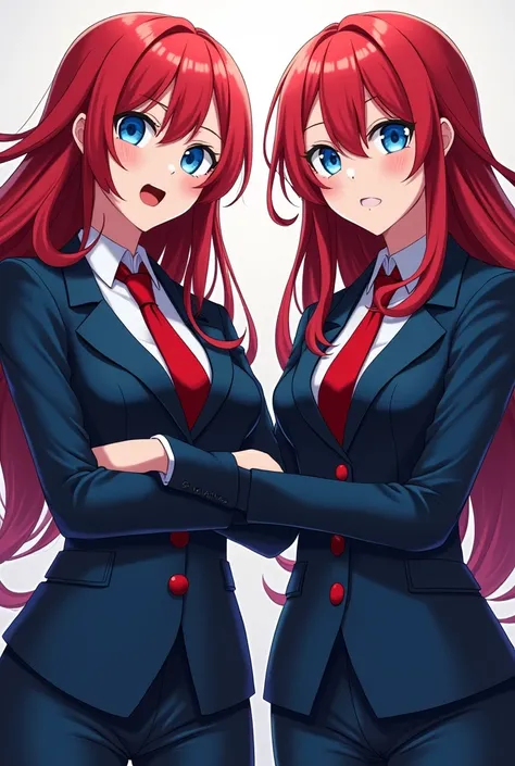 Two red-haired magas with eyes blue hair red blue eyes and suits dark blue mashle version of long male maga with red ties and black and blue pants and blue eyes that are women 