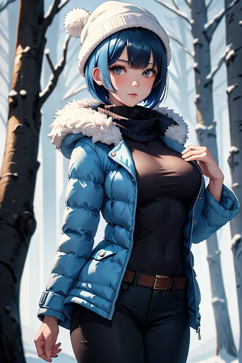  Girl with short blue hair bob haircut, second breast size,  top quality,  detailed eyes,  Full Height, winter jacket hat and pants , steam from the mouth, The winter forest is snowing 