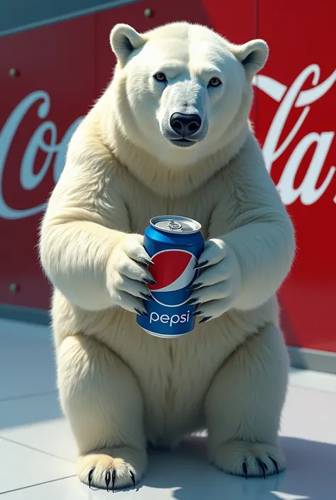 Polar Bear vising coca cola company with a Can of pepsi in hand