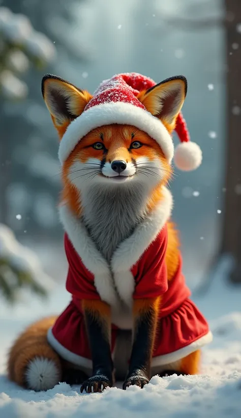 Realistic. Photorealistic. Image is vibrantly colored.
photo, Highly detailed 

A  fox in a Santa Claus costume、
 wearing a red Santa Claus hat 、
 wearing a short red Santa Claus skirt 、
Wearing red shoes、

The background is a winter forest 、

whole body、 ...