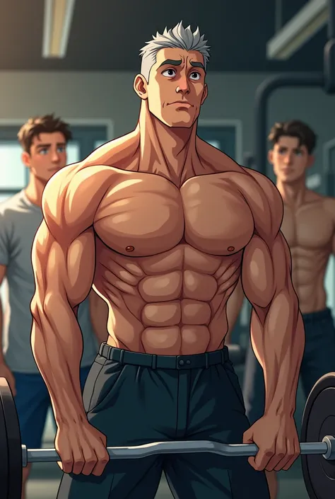 A 40 year old man wearing clothes lift weight at gym  and every boy at gym looking to this 45 year old man . Anime pic look realistic a pic from far away