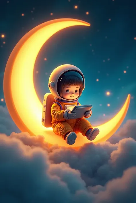 Cute astronaut in glowing crescent sitting quietly while playing HP 