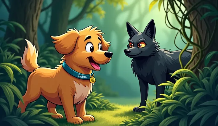 A cartoon golden retriever with a fluffy coat, wagging tail,( belt with a collar named GOLDIE and address)saw a scary big black jackal behind the bushes in the dense jungle
