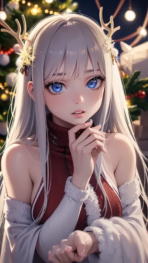 realistic 1girl, detailed beautiful face, beautiful detailed eyes, beautiful detailed lips, extremely detailed face and eyes, longeyelashes, beautiful girl in winter wonderland, snow, snowflakes, christmas lights, christmas tree, presents, reindeer, snow-c...