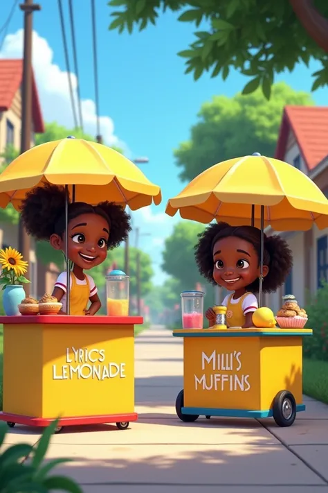 Create an animated image of 2 young black sisters in the neighborhood in Houston, TX. One age 13 selling "Lyrics lemonade and the other age 9 selling "Millis muffins"